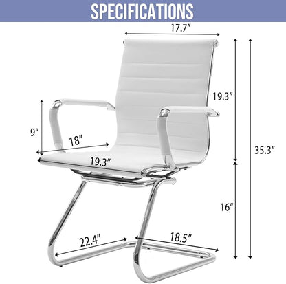 Wahson Office Guest Chairs Set of 2, Leather Reception Chairs, Mid Back Waiting Room Chair, Conference Chairs with Sled Base, Desk Chair No Wheels for Meeting/Lobby/Restroom, White