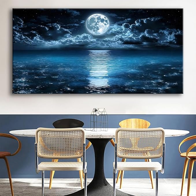 Big Moon Canvas Wall Art - Modern Seascape Paintings for Living Room, Bedroom Wall Decor, Framed Wall Art for Home or Office Decoration, Large Art 60x120cm(24x48in)