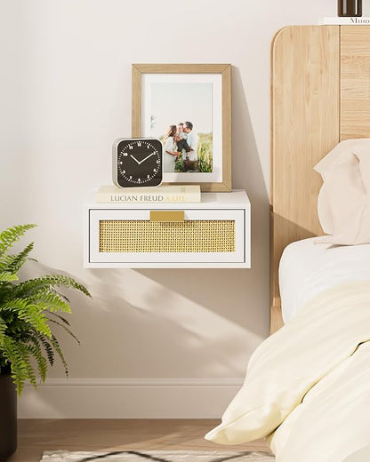 Floating Nightstand, Floating Shelf with Drawer, Wall Mounted Nightstand, Floating Bedside Table (White Rattan)