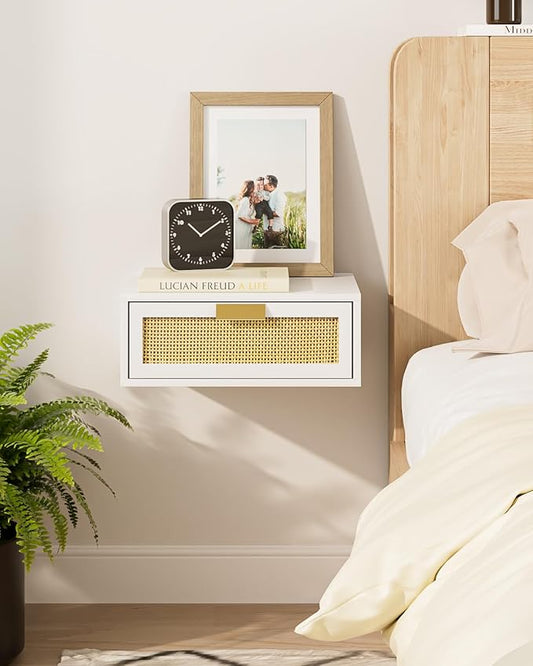 Floating Nightstand, Floating Shelf with Drawer, Wall Mounted Nightstand, Floating Bedside Table (White Rattan)