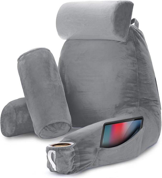 Nestl Reading Pillow with Shredded Memory Foam Includes 2 Neck and Lumber Support Pillows, Designed for Sitting Up in Bed and Couch, Back and Arms Adjustable Support for Adult & Teens, Grey