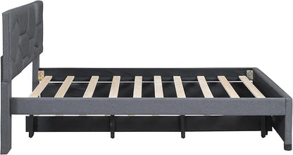 Full Size Bed Frame with Twin Size Trundle,Linen Upholstered Platform Bed Frame Full with Brick Pattern Headboard,Wood Slat Support Included,No Box Spring Needed,Easy Assembly,Gray