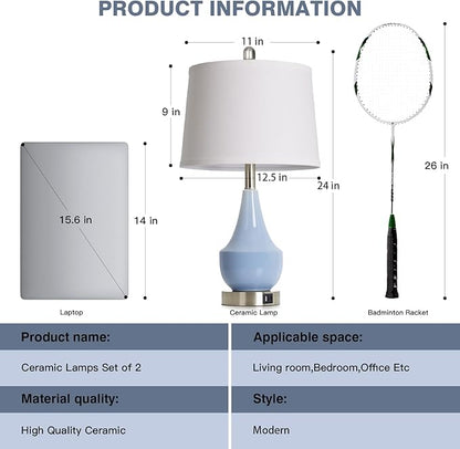 Modern Blue Table Lamp Set of 2, 24" Ceramic Table Lamp with USB A+C Ports,Classic Beside Lamps Nightstand Lamp Modern Lamp for Living Room, Bedroom & Office -LED Bulbs Included
