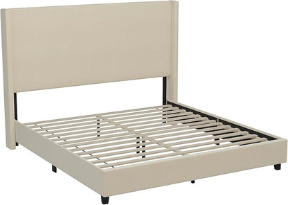 EMMA + OLIVER Nora King Size Faux Linen Upholstered Platform Bed with Plush Padded Wingback Headboard (No Box Spring Needed), Modern Upholstered Headboard King Bed Frame, Beige