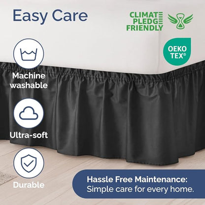 Wrap Around Dust Ruffle Bed Skirt - Black - for King Size Beds with 12 Inch Drop - Easy Fit Elastic Strap - Adjustable Pleated Bedskirt w/Brushed Fabric - Wrinkle Free - for Women, Men, Kids & Teens
