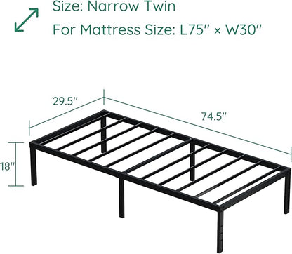 18 Inch Narrow Twin Bed Frames Heavy Duty No Box Spring Needed Metal Platform with Maximum Storage, Easy Assembly, Noise Free, Black