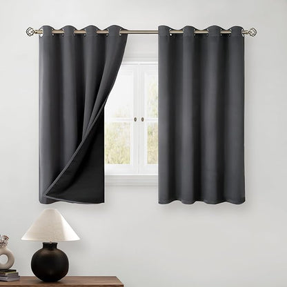 BGment Short 100% Blackout Curtains for Bedroom, Thermal Insulated Energy Efficiency Noise Reducing Grommet Curtains 45 Inch Length with Liner for Small Window 2 Panels Each 52 Inch Wide, Dark Grey