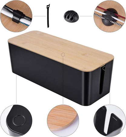 2 Pack Large Cable Management Box – Wooden Style Cord Organizer Box and Cover for TV Wires, Computer, Router, USB Hub and Under Desk Power Strip – Safe ABS Material and Baby-Pets Proof Lock (Black)