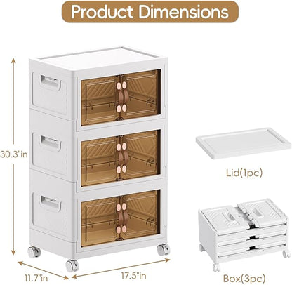 JEKO&JEKO 107Qt Stackable Storage Bins with Lids and Wheels, Foldable Collapsible Plastic Drawer Boxes for Clothes, Home, White, 3 Pack