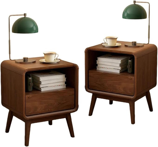 Walnut Night Stand Set of 2, Solid Wood Nightstand with Drawer, Walnut Bedside Table, Mid Century Modern Nightstand, Small Bed Side Table for Small Spaces Bedroom(Dark Black Walnut, 20.47" H)
