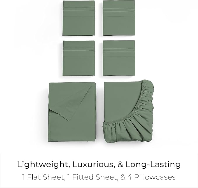 Mellanni Full Sheet Set - 6-Piece Iconic Collection Bedding, (Including 4 Pillowcases), 16-Inch Deep Pocket, Easy Care, Extra Soft, Cooling Sheets, Brushed Microfiber - Sage