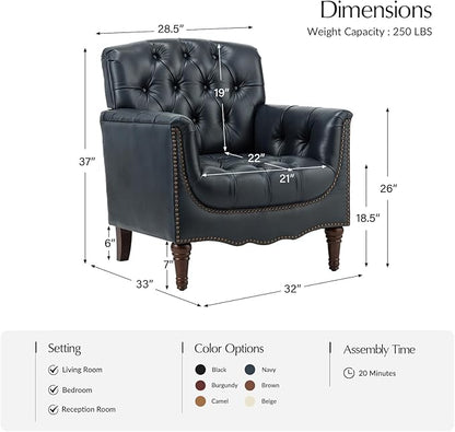 HULALA HOME Mid Century Modern Leather Club Chairs, Top-Grain Genuine Leather Armchairs with Button-Tufted Back & Solid Wood Legs, Accent Chairs for Living Room/Bedroom/Home Office, Navy