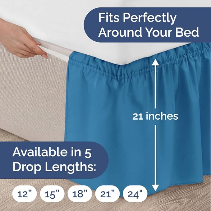 Wrap Around Dust Ruffle Bed Skirt - Denim Blue - for King Size Beds with 21 Inch Drop - Elastic Strap - Adjustable Pleated Bedskirt with Brushed Fabric and Wrinkle Free - for Women, Men, Kids & Teens