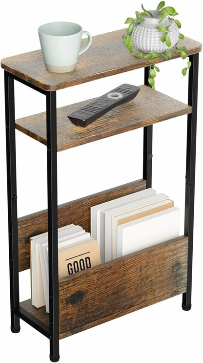 THUMEYE 7.1" Narrow Side Table for Small Spaces, 3 Tier Small End Table with Magazine Holder, Slim/Skinny Nightstand/Bedside Table for Living Room, Bedroom, 15.4" L x 24.2" H