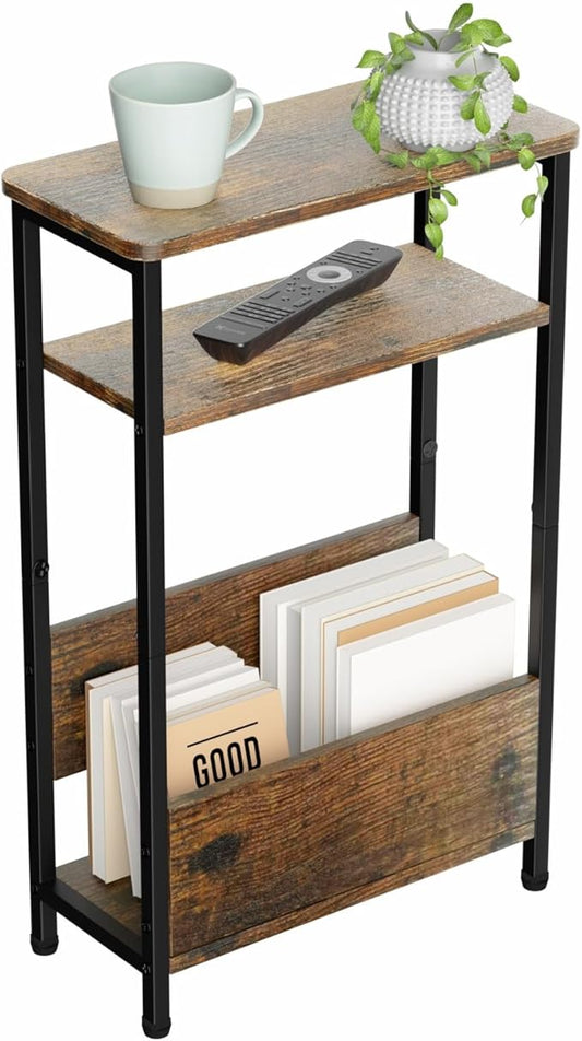 THUMEYE 7.1" Narrow Side Table for Small Spaces, 3 Tier Small End Table with Magazine Holder, Slim/Skinny Nightstand/Bedside Table for Living Room, Bedroom, 15.4" L x 24.2" H