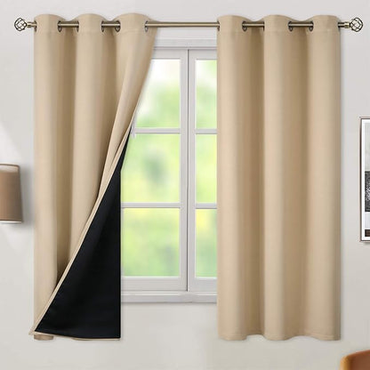 BGment Thermal Insulated 100% Blackout Curtains for Bedroom with Black Liner, Double Layer Full Room Darkening Noise Reducing Grommet Curtain (38 x 63 Inch, Beige, 2 Panels)
