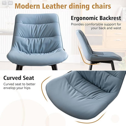 Kidol & Shellder Dining Chairs Set of 2, Modern Upholstered Faux Leather Kitchen Side Chairs with Comfortable Back - Mid-Century Armless Chair for Dining Living Room Bedrooms, with Metal Legs (Blue)