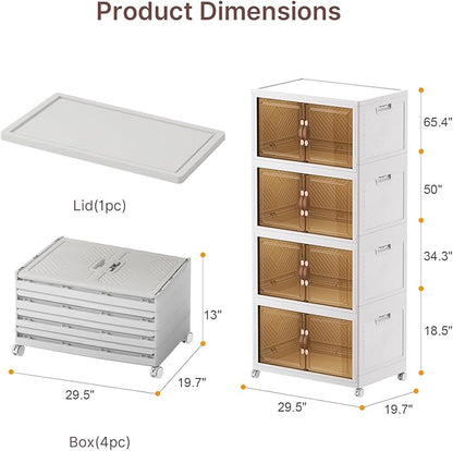 640Qt Stackable Storage Bins with Lids, 4 Pack Large Collapsible Bins with Wheels, Plastic Cabinet with Doors, Foldable Closet Organizers and Storage for Home, Dorm, Office, White