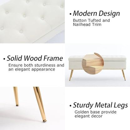 Velvet Storage Bench with Gold Legs& Nailhead Trim, 46" Wide Upholstered Modern Bedroom Bench for End of Bed, Tufted Ottoman for Entryway Living Room Dining Room (Ivory White, 46" Wide)