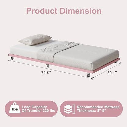 GarveeHome Twin Size Metal Roll Out Trundle Bed Frame with Wheels and Slats Support, Pink