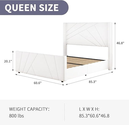 BarnFurin Queen Size Bed Frame, Velvet Upholstered Platform Bed with Geometric Tufted Headboard & Footboard, Wingback Design, Mattress Foundation with Wooden Slats, Cream White