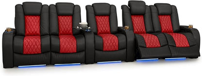 Seatcraft Diamante Zero-Gravity CoolZero Italian Leather Home Theater Seating, Power Headrest, Power Recline, Row of 5 Dual Loveseats, Black/Red