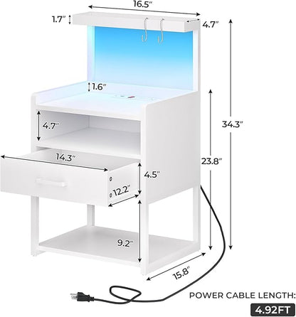VIAGDO Nightstand Set of 2 with Charging Station and LED Lights, White Night Stand with Drawer, Modern End Side Table with Open Storage Shelves, Bedside Tables for Bedroom, Office