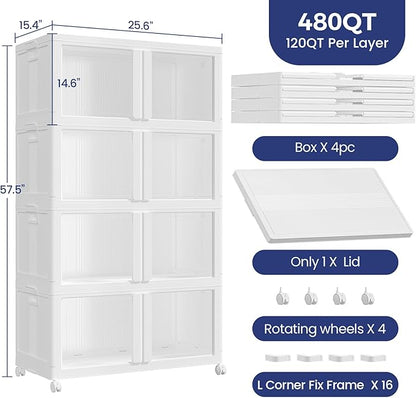 120GAL Large Stackable Storage Bins with Lid and Wheels, 480Qt Collapsible Organizer Cabinet with Clear Door, for Closet, Bedroom, Kitchen, Garage, 4-Pack White