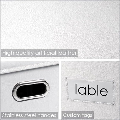 PRANDOM Collapsible Storage Box with Lid [3-Pack] Leather Fabric Foldable Storage Bin Organizer Container Basket Cube with Cover for Home Bedroom Closet Office Nursery White(22.8X15.7X11.8)