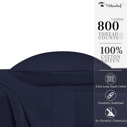 URBANHUT 800 Thread Count 100% Cotton Twin Size Sheets, Luxury 4 Piece Twin Bedsheets, Hotel Sheets Sateen Finish - Better Than Egyptian, 14" Elasticized Deep Pocket - Navy Blue