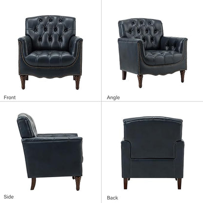 HULALA HOME Mid Century Modern Leather Club Chairs Set of 2, Top-Grain Genuine Leather Armchairs with Button-Tufted Back & Solid Wood Legs, Accent Chairs for Living Room/Bedroom/Home Office, Navy