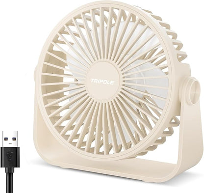 TriPole USB Desk Fan Portable Mini Fan Powerful 3 Speeds Wind Personal Desktop Fan with 360° Head Rotation for Home Office Car Indoor Outdoor Beige, No Battery, 4.5 Inches