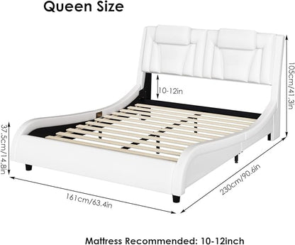 Keyluv Upholstered Platform Bed Frame with Adjustable LED Headboard, Pu Leather, Wave-Like Curve Design and Solid Wooden Slats Support, No Box Spring Needed, Noise Free, Modern, Queen, White