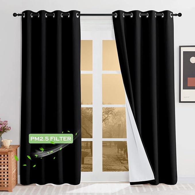 KGORGE Anti Dust Soundproof 100% Blackout Curtains 4 Layers Heavy Duty Energy Efficiency Window Curtains for Living Room Baby Bedroom Home Office Studio, Wide 52 x Long 90 inches, Black, 2 Panels