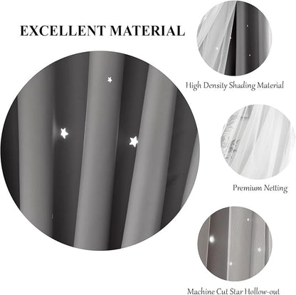 Star Curtains Blackout Curtains for Bedroom, Kids Room Curtains Nursery Curtains Double Layer Curtains, Kids Curtains for Boys, 84 Inch Curtains 2 Panel Set, Grey Curtains, 52 X 84 Inches