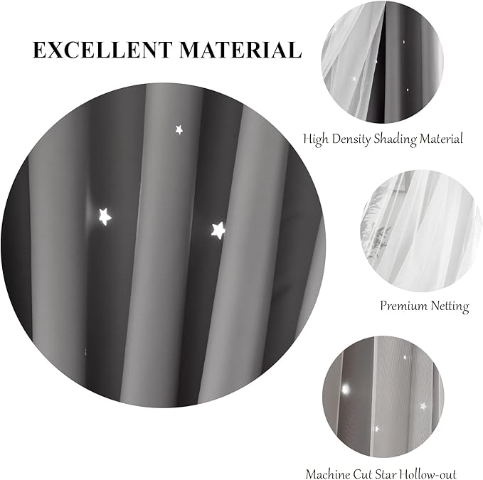 Star Blackout Curtains for Bedroom & Kids Room, Double Layer, 96 Inches Long, Grey