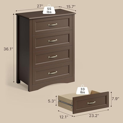 Gizoon Dresser for Bedroom with 4 Drawers Wooden Chest of Drawers for Closet Dresser Storage Unit Organizer for Hallway Living Room and Office, Dark Brown