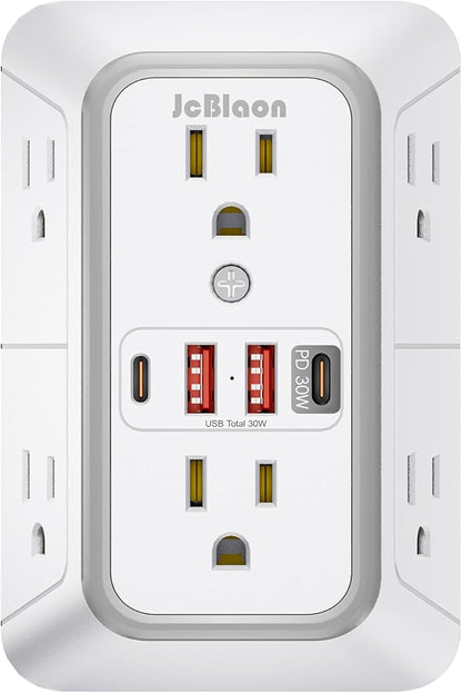 JcBlaon Surge Protector Outlet Extender 6 Outlet Extender with 4 USB Ports (PD 30W), 3 Sided 1050J Multi Plug Wall Adapter Power Strip for Home Travel Office Essentials