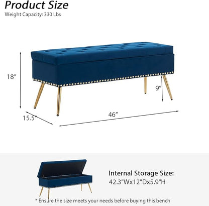 Velvet Storage Bench with Gold Legs& Nailhead Trim, 46" Wide Upholstered Modern Bedroom Bench for End of Bed, Tufted Ottoman for Entryway Living Room Dining Room (Navy Blue, 46" Wide)