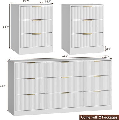 9 Drawer Fluted Dresser & Nightstand Set 3-Piece, 63” Long Dresser and Night Stand Set of 2, Fluted Modern Wood Chest of Drawers Storage Dressers Set for Bedroom, White