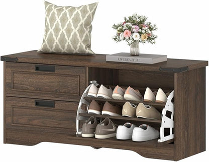 FATORRI Bench with Shoe Storage for Entryway, Wooden Shoe Benches with Flip Door and Drawers, Entry Way Shoes Organizer Cabinet for Living Room Mudroom (Dark Walnut)