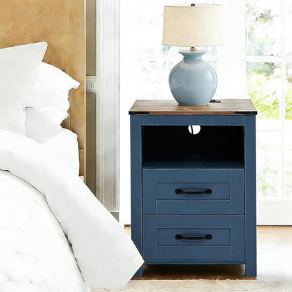 Puntogen Blue Night Stand Set of 2, Rustic End Table with Charging Station, Farmhouse Tall Nightstand for Bedroom, Drawer Dresser Bedside Table with Open Storage Shelf
