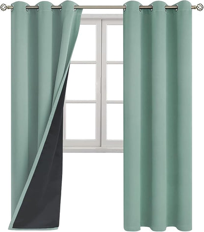 BGment Thermal Insulated 100% Blackout Curtains for Bedroom with Black Liner, Double Layer Full Room Darkening Noise Reducing Grommet Curtain (42 x 84 Inch, Frosty Green, 2 Panels)
