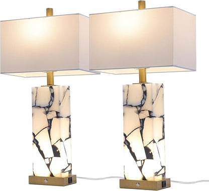Natural Marble Table Lamps Set of 2: 3-Color Temperatures Alabaster Lamp with Nightlight, Bedside lamps with USB Ports, Bedroom Lamps for Night Stands End Table lamps for Living Room, Bulbs Included