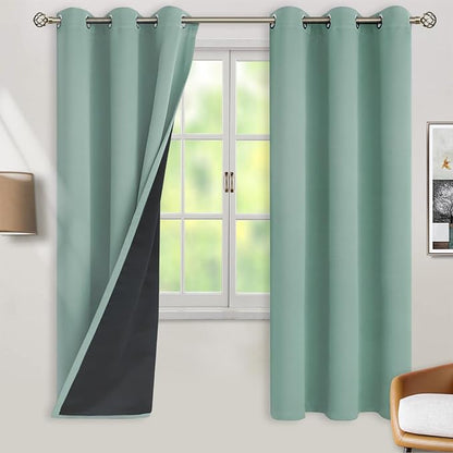 BGment Thermal Insulated 100% Blackout Curtains for Bedroom with Black Liner, Double Layer Full Room Darkening Noise Reducing Grommet Curtain (42 x 72 Inch, Frosty Green, 2 Panels)