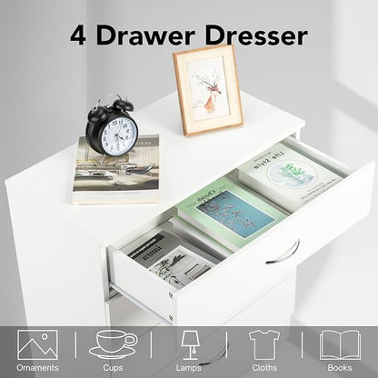 Karl home 4 Drawer Dresser for Bedroom, Small Chests of Drawers Modern Nightstand, White Dresser Chest with 4 Storage Drawers, Dressers for Nursery, Hallway, Living Room, Closet
