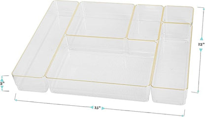 Martha Stewart Kerry Plastic Stackable Office Desk Drawer Organizers, Set of 6, with Gold Trim