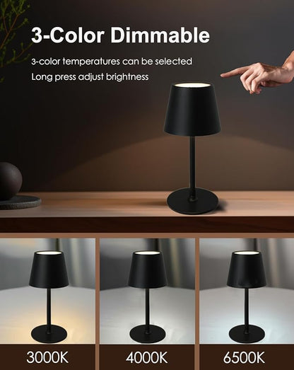 Cordless Table Lamp, Rechargeable Table Lamp with Touch Dimmable Control, Portable LED Desk Lamp for Indoor Patio (Black-Round, 2)