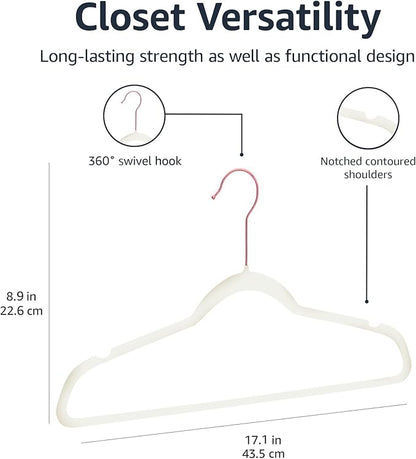 Amazon Basics Slim, Velvet, Non-Slip Sturdy Clothes Hangers, 50-Pack, Ivory/Rose Gold
