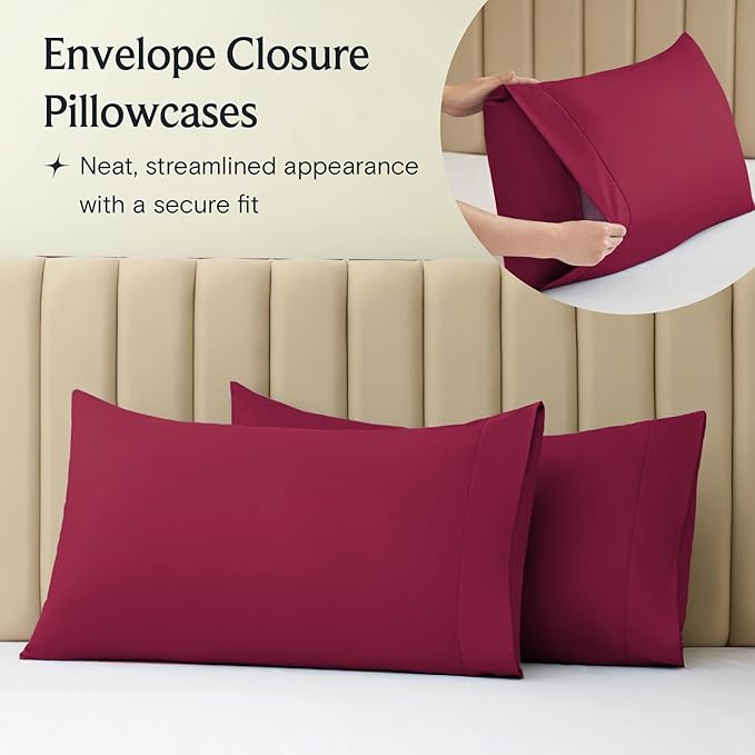 LuxClub 3 PC Twin XL Sheet Set, Deep Pockets Wrinkle Free Cooling Bed Sheets Hotel Bedding for Women, Men, Kids & Teens, Includes 1 Fitted Sheet, 1 Flat Sheet and 1 Pillowcase-Silky Soft Burgundy